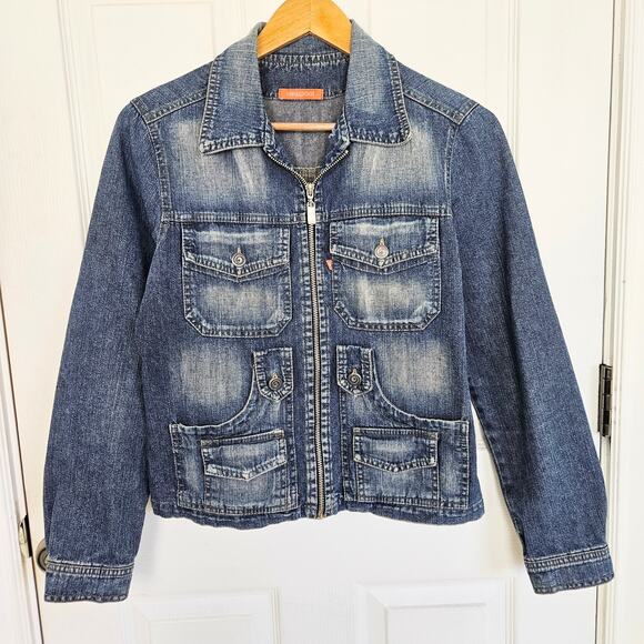 Y2k Medium Wash Denim Moto Jean Jacket Full Zip Utility Workwear Pockets Size S - Picture 1 of 10